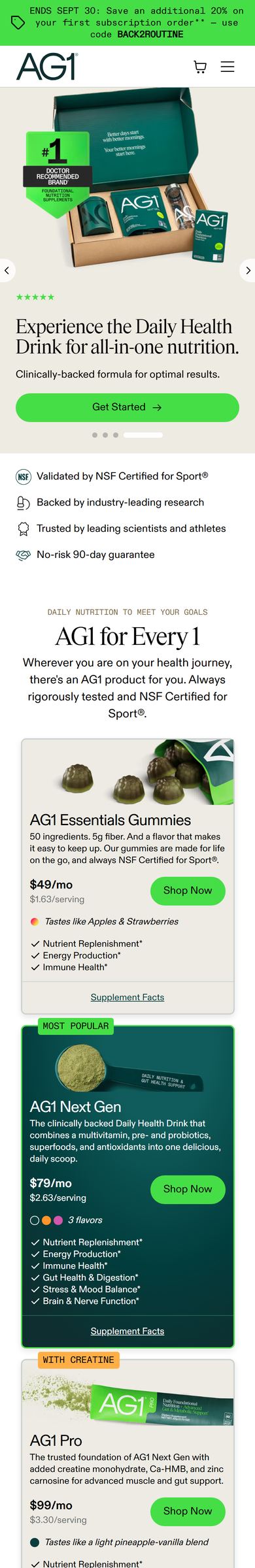 AG1 (Athletic Greens) homepage, scrolled