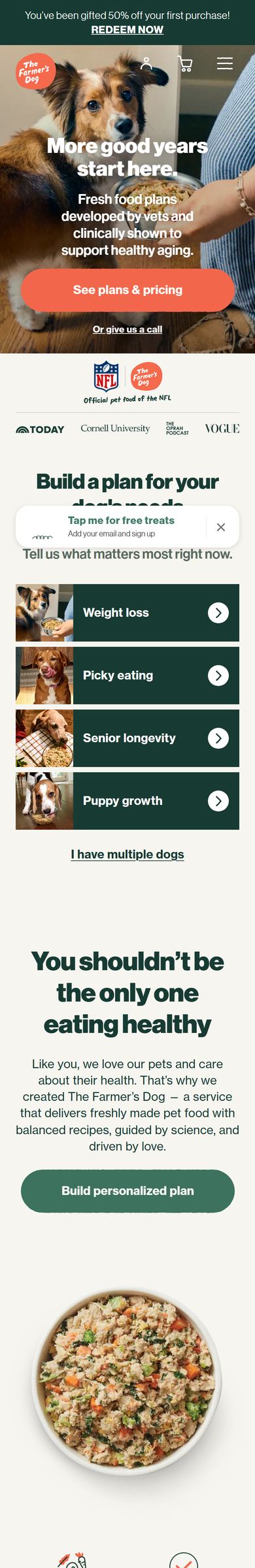 The Farmer's Dog homepage, scrolled
