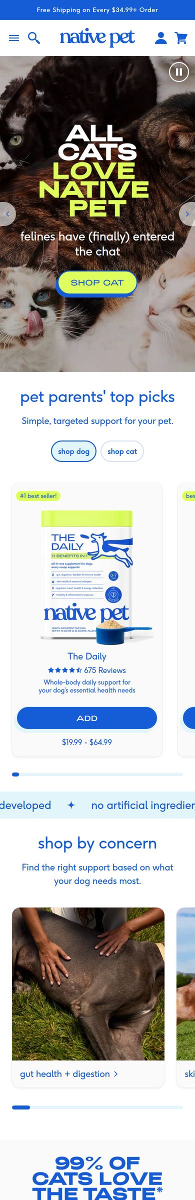 Native Pet homepage, scrolled