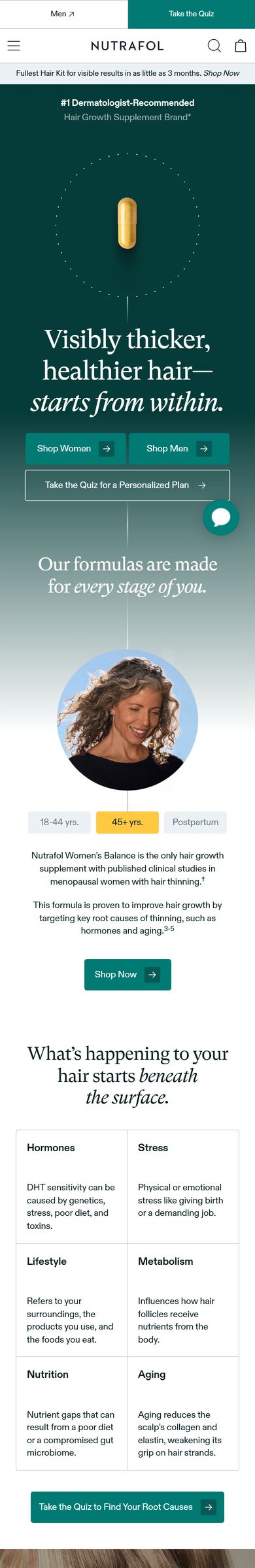 Nutrafol homepage, scrolled