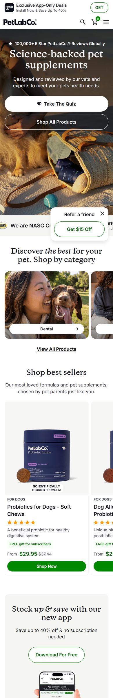 PetLab Co. homepage, scrolled